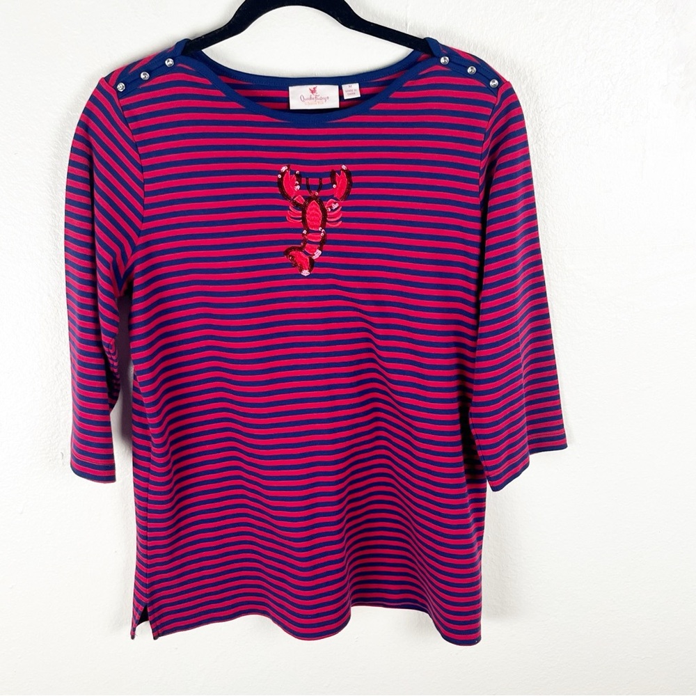 QUACKER FACTORY Striped 3/4 Sleeves Sequin Lobster Shoulder Accents Top Medium